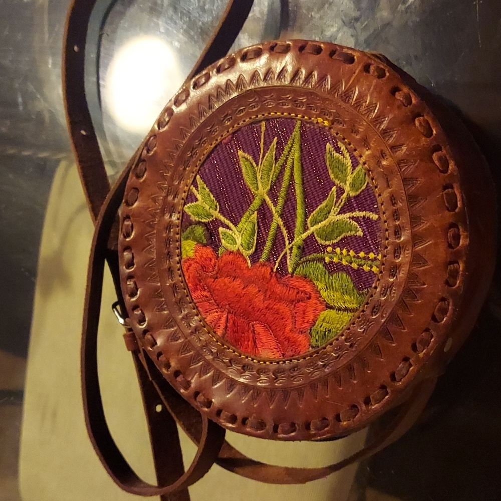 Real leather hand made floral embroidered   purse